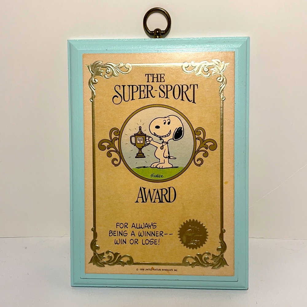 Vintage 1958 Snoopy Wooden Plaque Hallmark! "Super Sport Award!"
